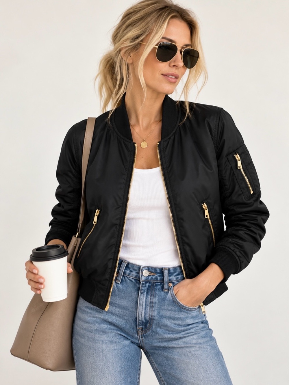 Topshop Petite Black MA1 Bomber Jacket Gold Zip Flight Jacket US 2
